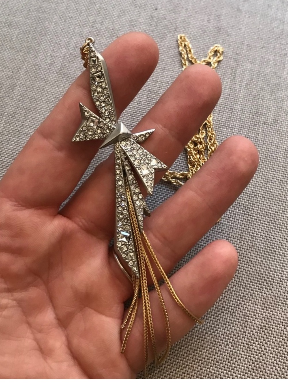 Alexis Bittar Crystal Encrusted Origami Bow Necklace Gold Tone and Silver Tone